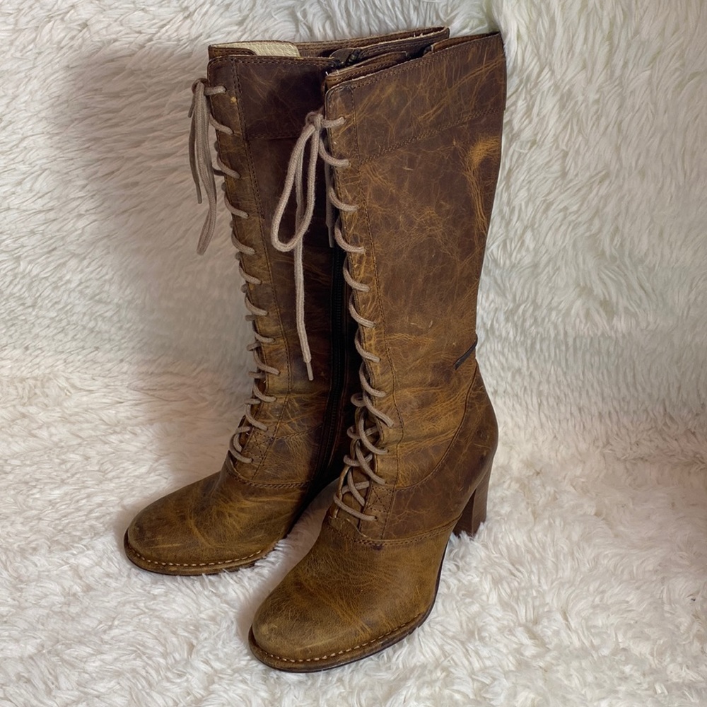 Frye Villager Tall Lace Up Heeled Boho Boots Marked 7 Fits Like 7.5 or 8